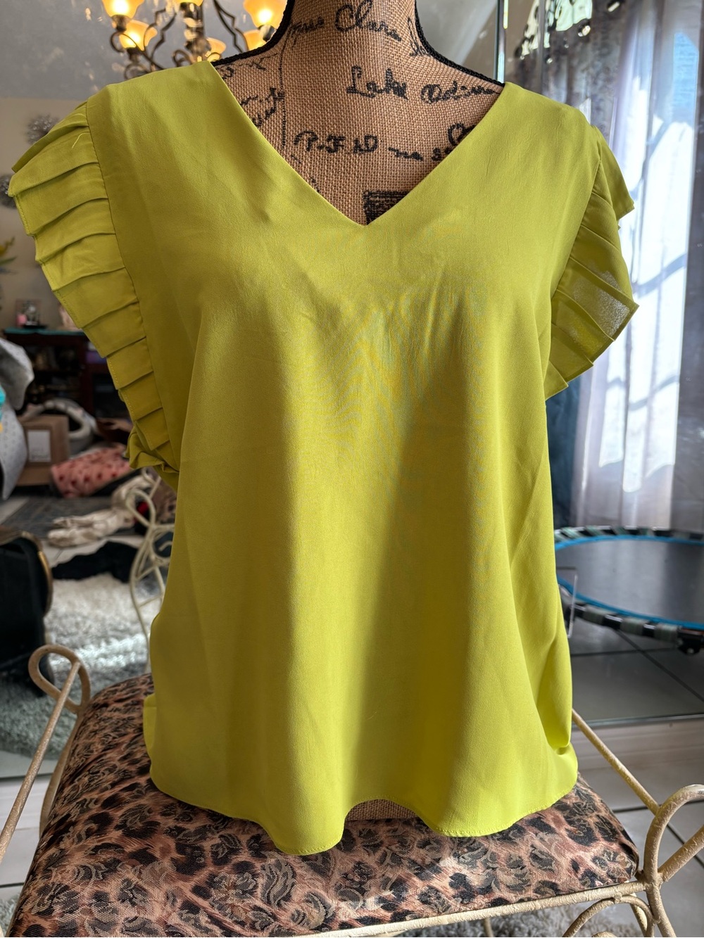Lime Green V-Neck Ruffled Sleeve Blouse